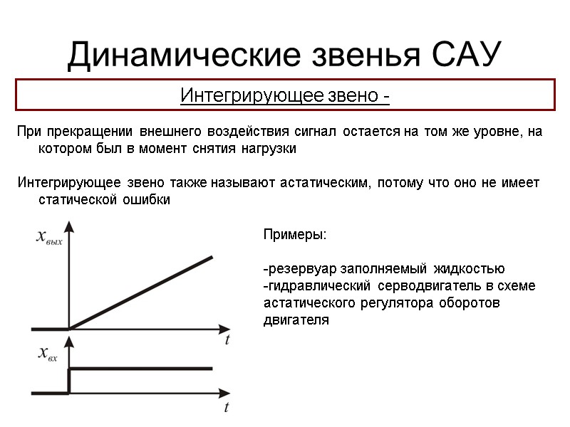 Динамические звенья САУ При прекращении внешнего воздействия сигнал остается на том же уровне, на